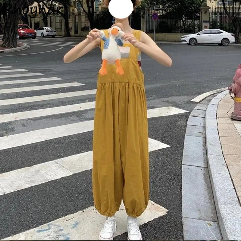 

Sets Women Baggy Vintage Ulzzang Ankle-length Jumpsuits Summer Rainbow Elastic Backless Tanks Gentle Sweet Preppy Style Outfits
