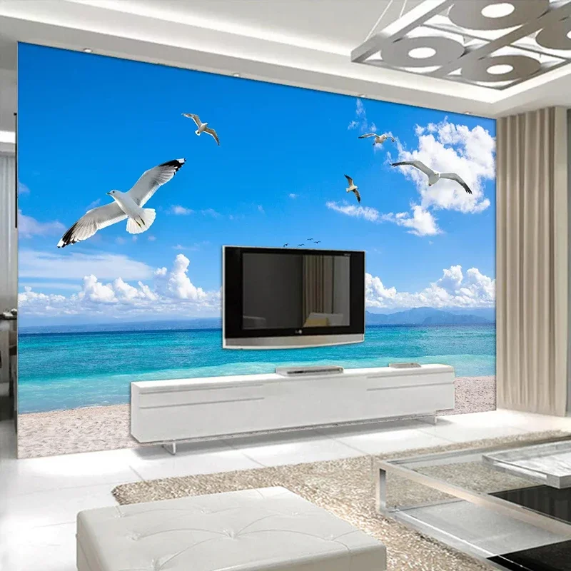 

Custom Mural Blue Sky White Clouds Seagull Beach Scenery 3D Photo Wallpaper for Wall Living Room Bedroom TV Backgdrop Wall Paper
