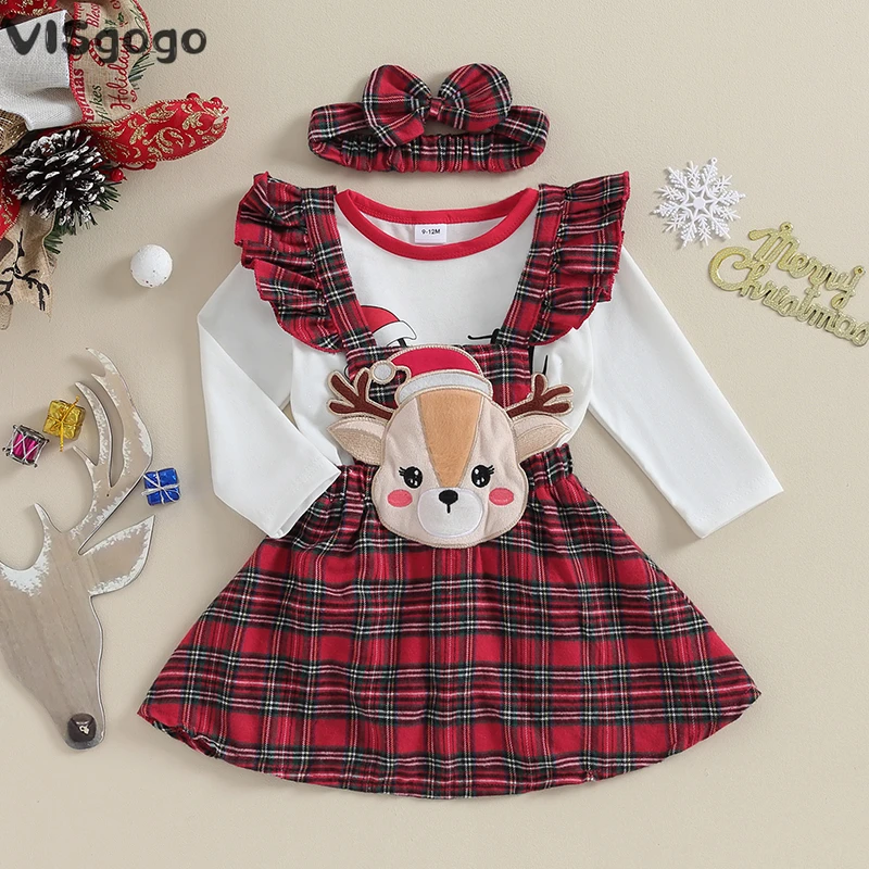 

VISgogo 3Pcs Baby Girls Christmas Outfit Long Sleeve Letter Print Romper with Elk Plaid Suspender Dress Headband Xmas Clothes