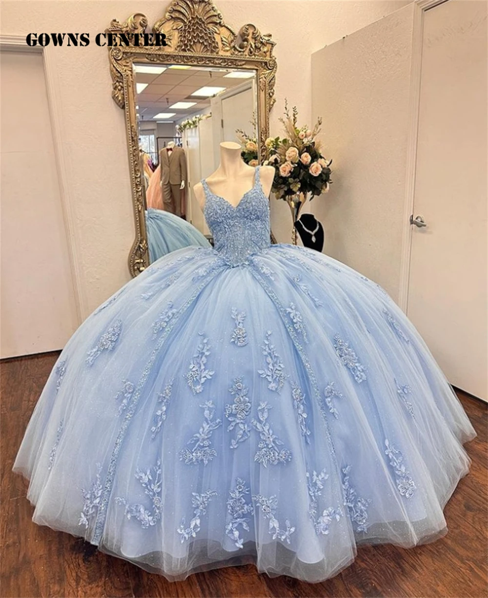 

Кружевное бальное платье небесно-голубого цвета на тонких бретельках с аппликацией, бальное платье, Мексиканский корсет, милое платье принцессы на шнуровке, 15 лет