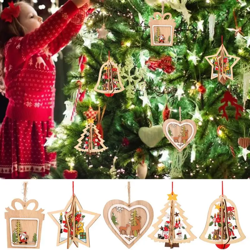 

New Year 2D 3D Christmas Ornament Wooden Hanging Pendants Star Xmas Tree Bell Merry Christmas Decorations For Home Navidad