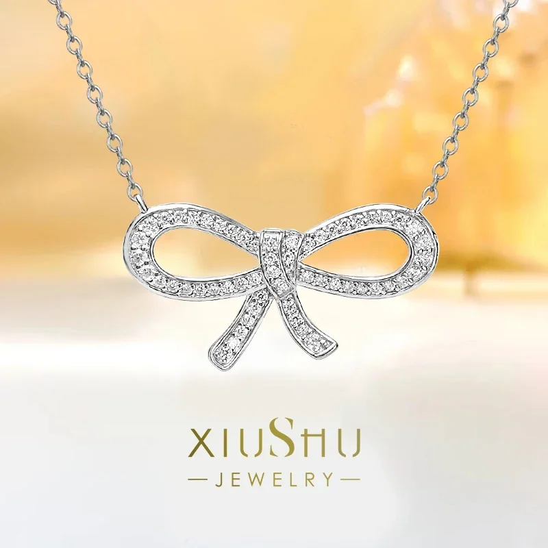 

Fashionable and Luxurious Bow 925 Sterling Silver Pendant for Women with High Carbon Diamond Inlaid Niche Retro Wedding Jewelry