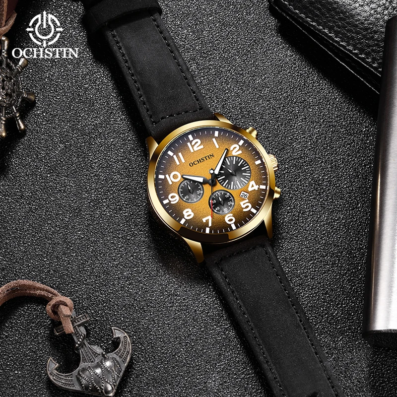 

OCSHTIN Watch for Men Golden Luxury Chronograph Date Quartz Wristwatches Military Sports Leather Band Male Clock erkek kol saati