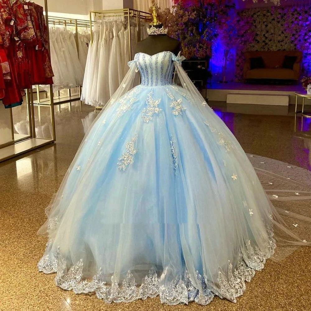 ANGELSBRIDEP Light Blue Pearls Crystal Princess Quinceanera Dress With Cape Plus Size Off The Shoulder Appliques Sweet 15 Gowns
ANGELSBRIDEP Light Blue Pearls Crystal Princess Quinceanera Dress With Cape Plus Size Off The Shoulder Appliques Sweet 15 Gowns