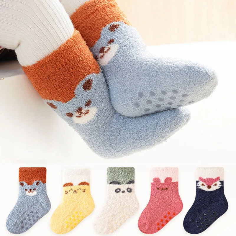 

Вельветовые Мультяшные детские носки для детей осень-зима милые животные мягкие плюшевые теплые носки средней длины толстые теплые носки для малышей