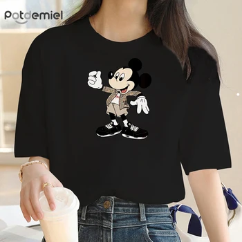 럭셔리 브랜드 여름 패션 귀여운 미키 마우스 프린트 의류 티셔츠, 여성용 코튼 반팔 그래픽 티셔츠, 여성용 S-7XL