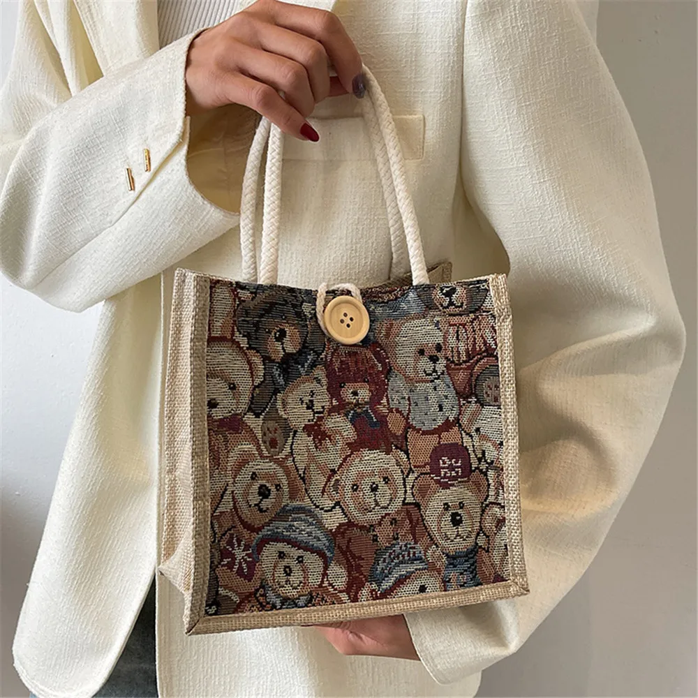 

Новая Льняная сумка, милая мультяшная Холщовая Сумка-тоут, маленькая сумка на плечо, портативная Студенческая сумка для ланча, оптовая продажа 2024