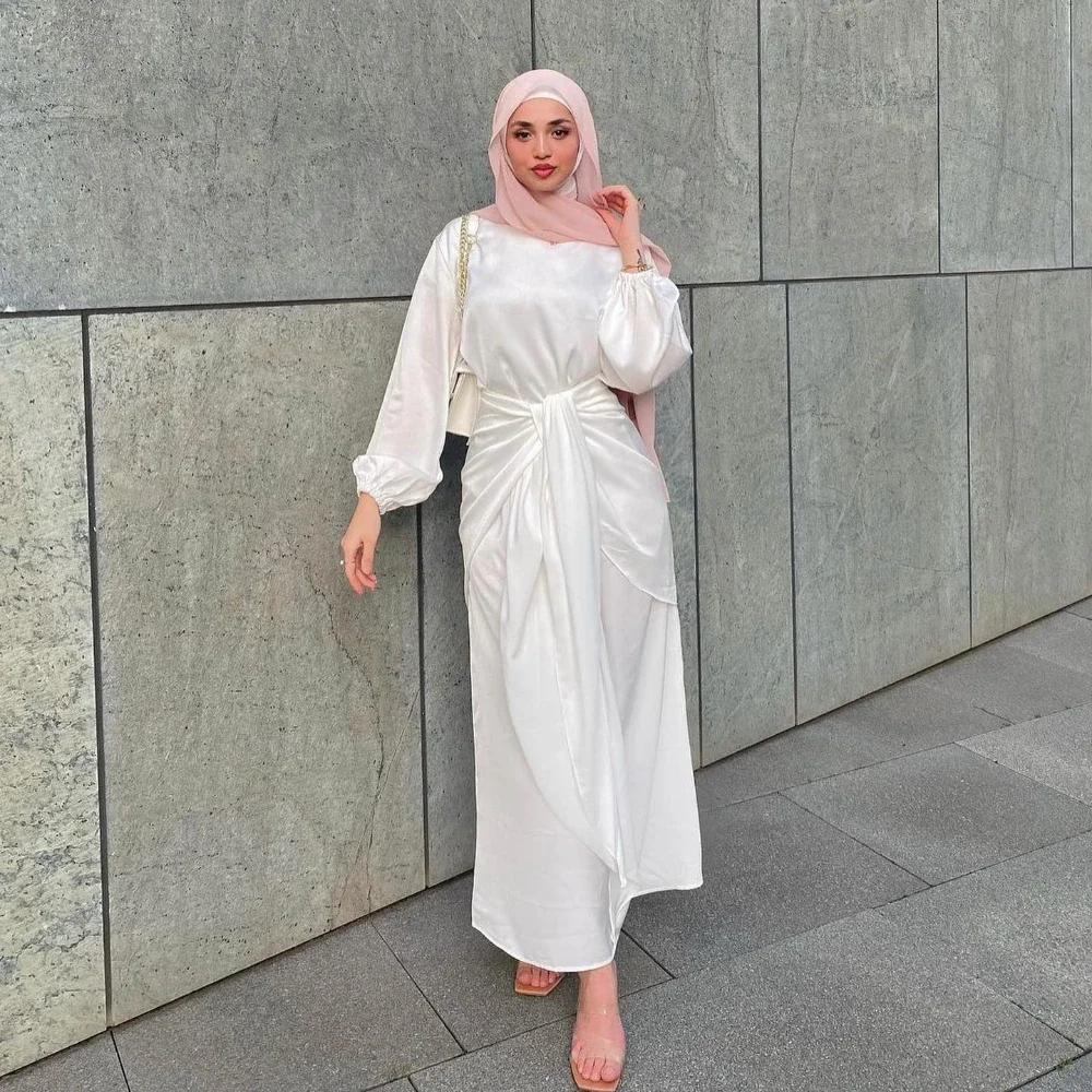 

Шелковое атласное платье абайя, 2 предмета, юбка с запахом спереди, арабские Длинные Скромные платья для мусульманских женщин, мусульманская одежда Дубаи Рамадан, мусульманская одежда