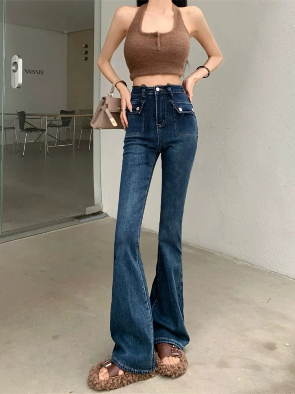 

Women's Bootcut Flare Denin Jeans with Drawstring,Stretch High Waisted Long Jean Bell Bottom Pocket Flared Blue Pant Elegant y2k