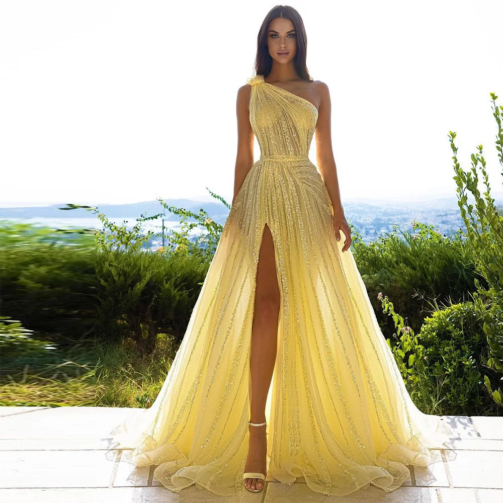 Sevintage Luxury Yellow Beading Sequined Prom Dresses One Shoulder Saudi Arabic A-Line Evening Gowns Formal Occasion Dress
Sevintage Luxury Yellow Beading Sequined Prom Dresses One Shoulder Saudi Arabic A-Line Evening Gowns Formal Occasion Dress