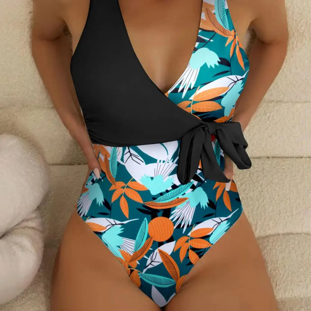 

V-neck Sleeveless Swimsuit Tropical Leaf Print Women's Monokini Swimwear Collection V-neck One-piece High Waisted for Summer