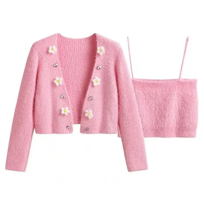 

New Women Sweater Knitted Cardigans Suspenders Two-piece Korean Fashion Spring Autumn Jacket Coats High-end Luxury Designer Wear