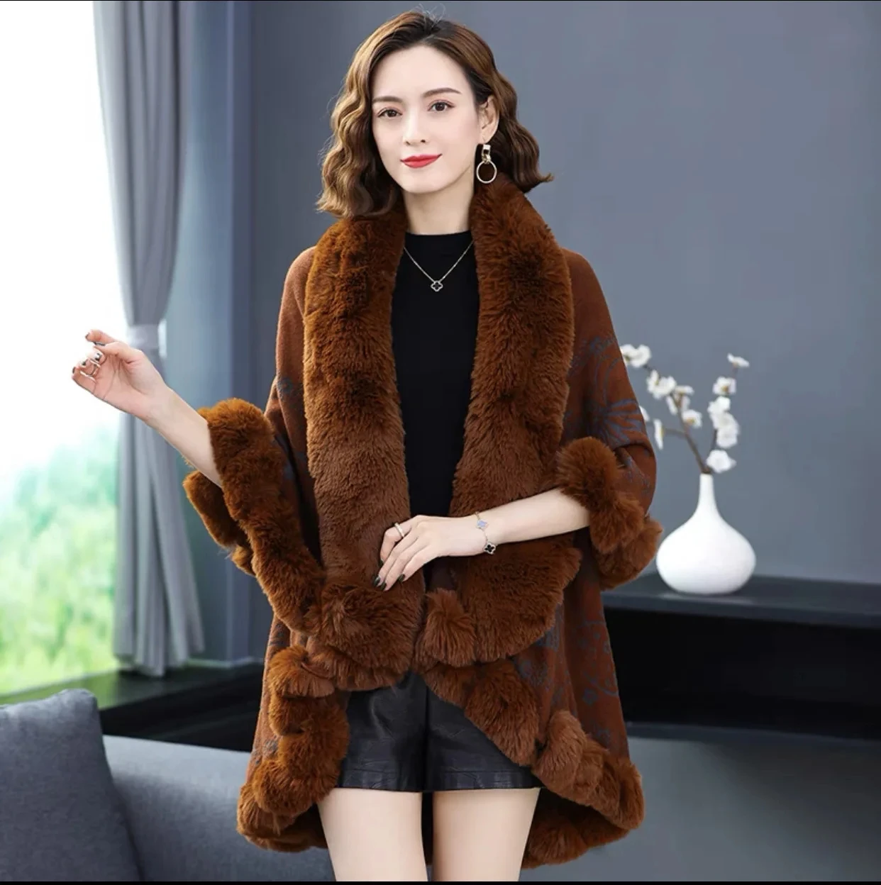 

High Grade Autumn Winter New Imitation Otter Rabbit Fur Collar Jacquard Knitting Cardigan Poncho Lady Capes Coffee Cloaks