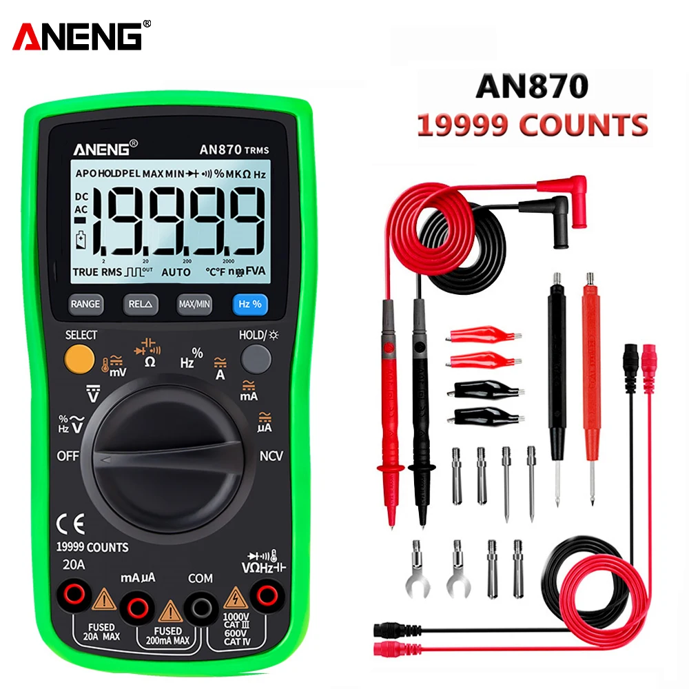 ANENG AN870 Digital Multimeter 19999 Counts profissional transistor electrical tester 600v multi volt esrmeter lead set
ANENG AN870 Digital Multimeter 19999 Counts profissional transistor electrical tester 600v multi volt esrmeter lead set