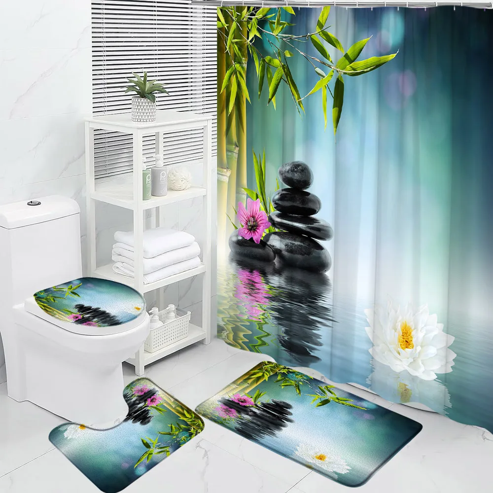

4Pcs Zen Stone Shower Curtain Green Bamboo Leaves Scenic River Lotus Candle Spa Orchid Bathroom Set Toilet Cover Bath Mats Rugs