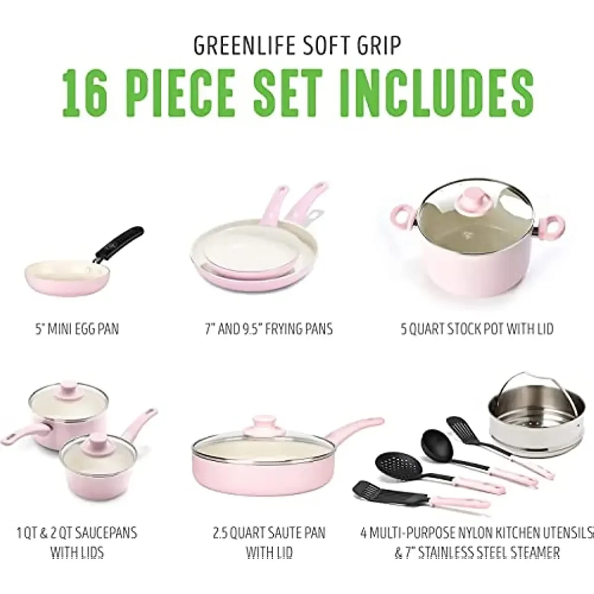 Soft Grip Healthy Ceramic Nonstick, 16 Piece Cookware Pots and Pans Set, PFAS-Free, Dishwasher Safe, Soft Pink Soft Grip Healthy Ceramic Nonstick, 16 Piece Cookware Pots and Pans Set, PFAS-Free, Dishwasher Safe, Soft Pink