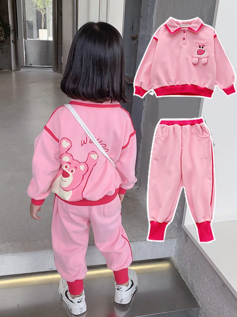 

Спортивный костюм для девочек, свитер с розовым медведем и штаны, хлопковый кардиган с мультяшным рисунком, комплект из 2 предметов, Осень-зима