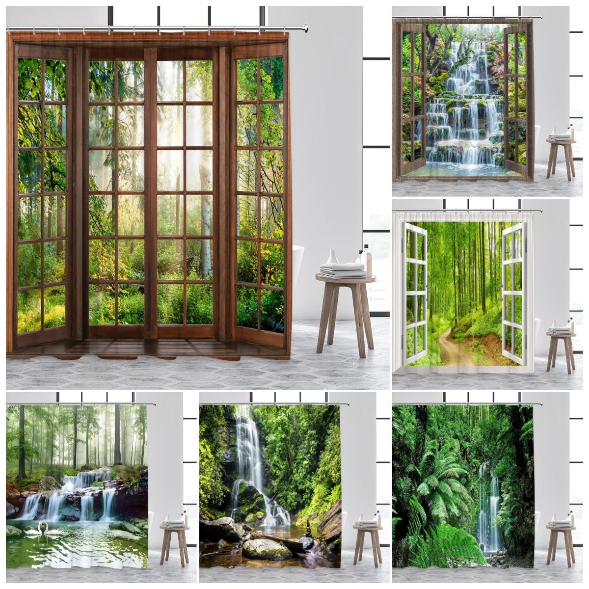 

Forest Landscape Shower Curtains Waterfall Tropical Jungle Plants Rustic Nature Scenery Fabric Bathroom Curtain Decor With Hooks