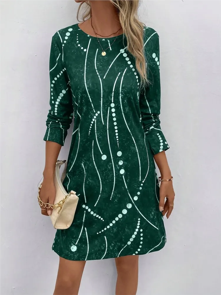 New Printed Long Sleeved O Neck T Shirt For Women's Dresses Spring Autumn Leisure Loose Simple Office Female MIDI Skirt 2024
New Printed Long Sleeved O Neck T Shirt For Women's Dresses Spring Autumn Leisure Loose Simple Office Female MIDI Skirt 2024