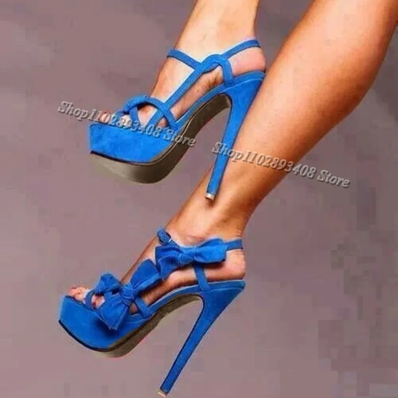 

Blue Bowknot Decor Flock Sandals Platform Open Toe Stiletto Ankle Buckle New Fashion Dress Party Shoes 2024 Zapatos Para Mujere
