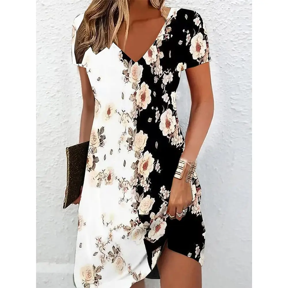 Summer Short Sleeved V-neck Casual Women Dress Retro Floral Print Mini Dress Big Size 6XL Elegant Lady Knee-length Dress 
Summer Short Sleeved V-neck Casual Women Dress Retro Floral Print Mini Dress Big Size 6XL Elegant Lady Knee-length Dress