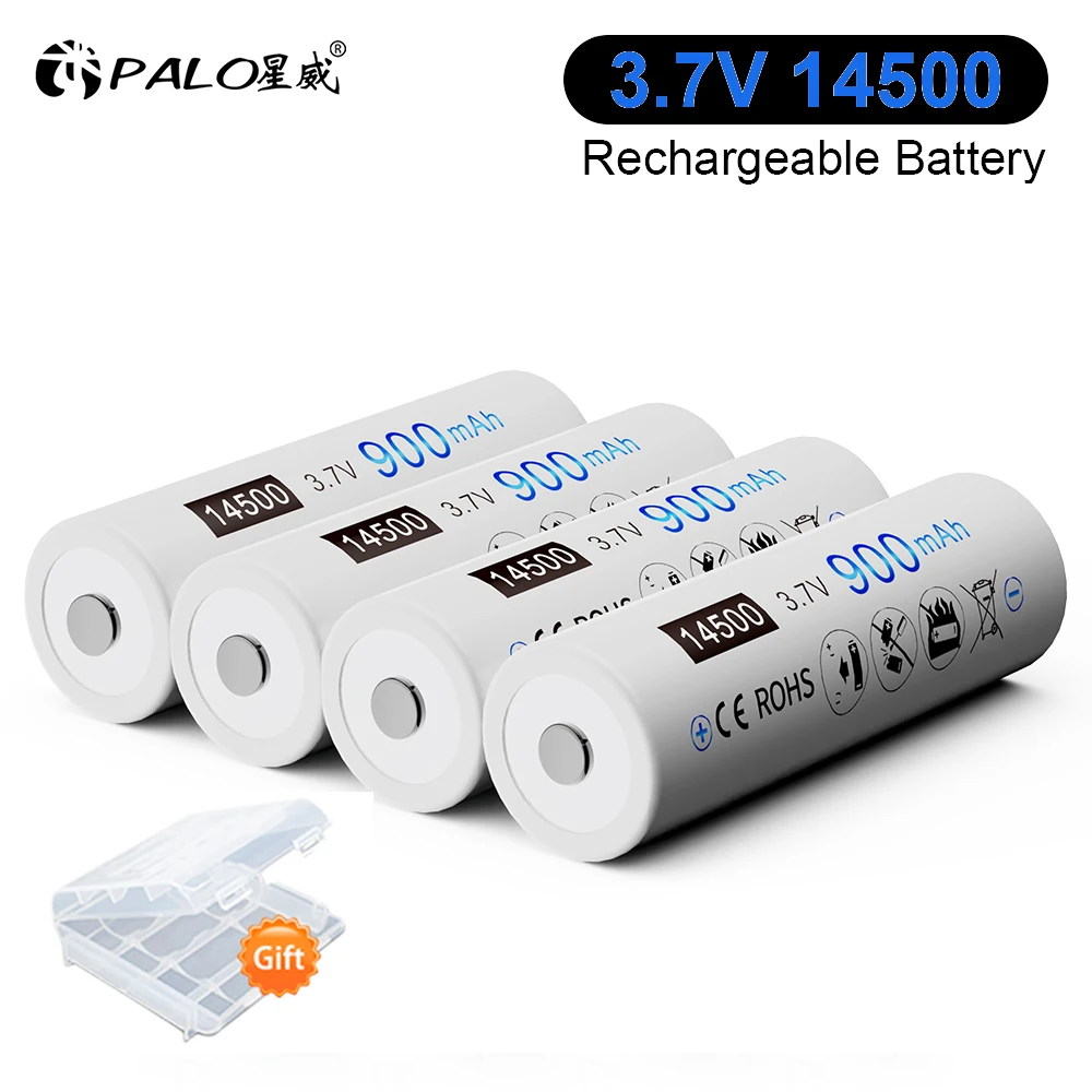 

PALO 14500 Battery 900mAh Protected Button Top 3.7V Li-ion Rechargeable 14500 AA Cell for Flashlight with 14500 Battery Charger