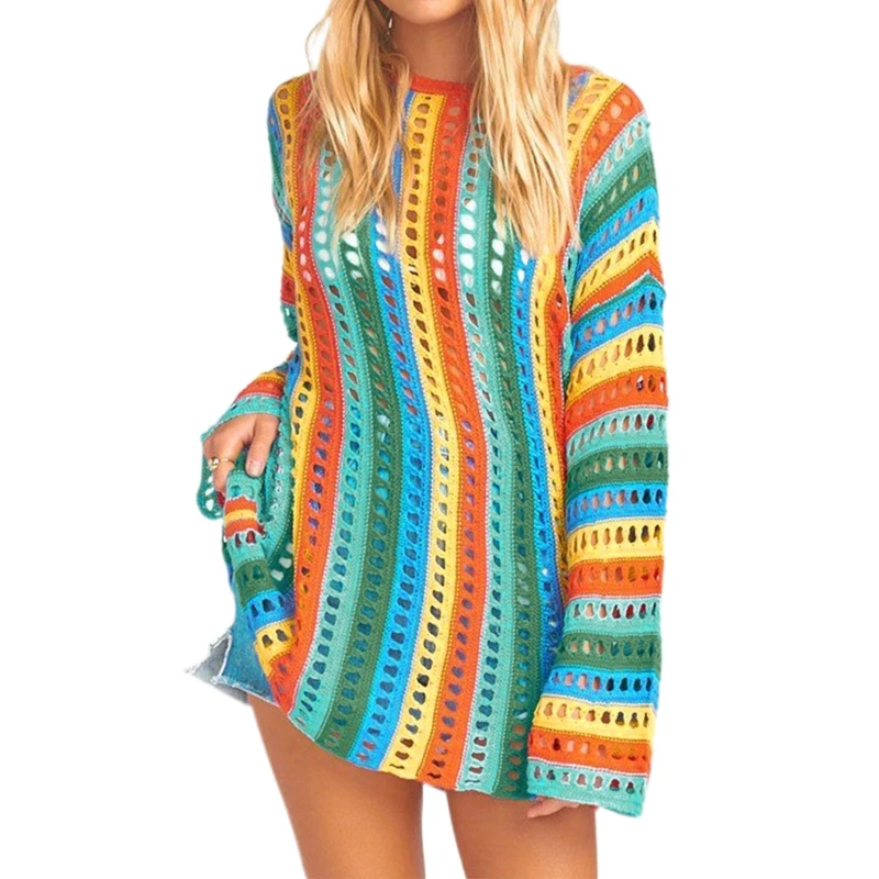 Women Beach Long Sleeve Swimsuit Cover Up Hollow Out Crochet Knit Rainbow Striped Mini Fishnet Dress See-Through Loose Pullover
Women Beach Long Sleeve Swimsuit Cover Up Hollow Out Crochet Knit Rainbow Striped Mini Fishnet Dress See-Through Loose Pullover