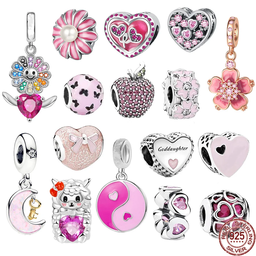 

925 Sterling Silver Sparkling Apple，Cherry Blossom，Pink Daisy Flower Dangle Charm Bead Fit Original Pandora Bracelet DIY Jewelry