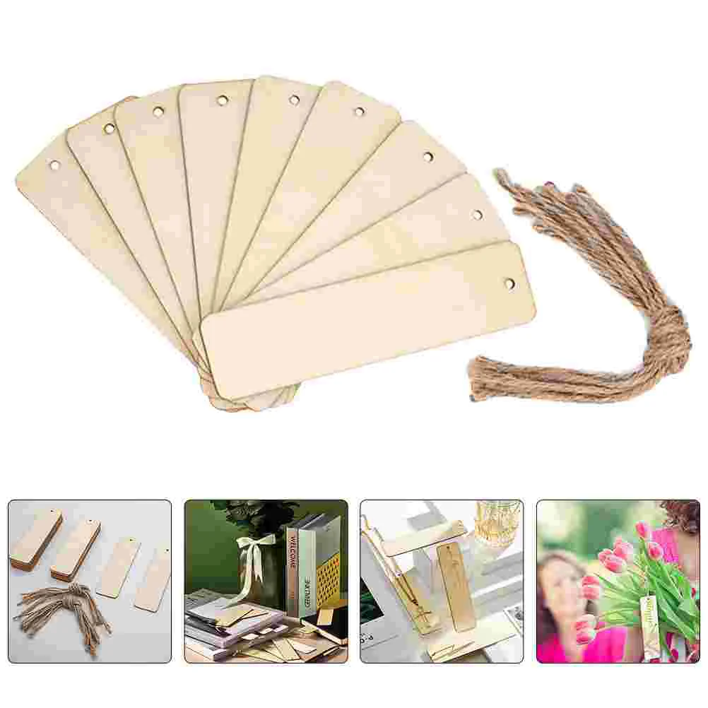 

20 Pcs Wooden Blank Bookmark Ornament DIY Supplies Rectangle Bookmarks Rope Unpainted Students Reading Markers