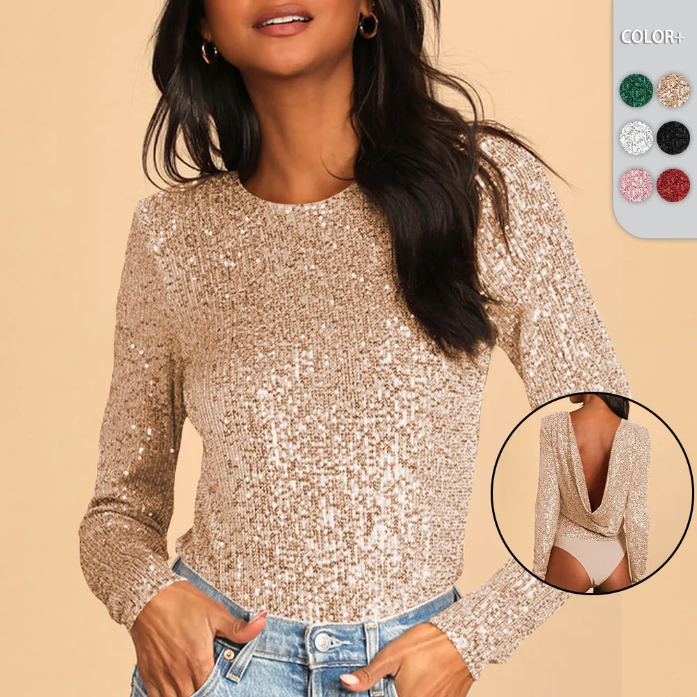 Stock New Summer Long Sleeved Women's Slim Fitting Solid Color Sparkling Jumpsuit Temperament Sexy Hollow Out Jumpsuit 
Stock New Summer Long Sleeved Women's Slim Fitting Solid Color Sparkling Jumpsuit Temperament Sexy Hollow Out Jumpsuit