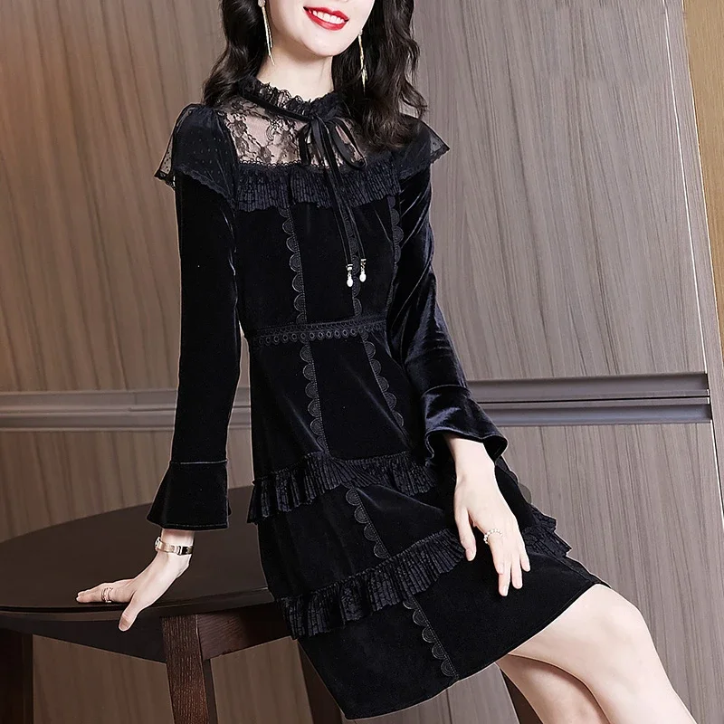 

2023 Spring Fall Women Vintage Lace Patchwork Ruffled High Waisted Black Velvet Dress , Woman Slim Flare Sleeve Velour Dresses