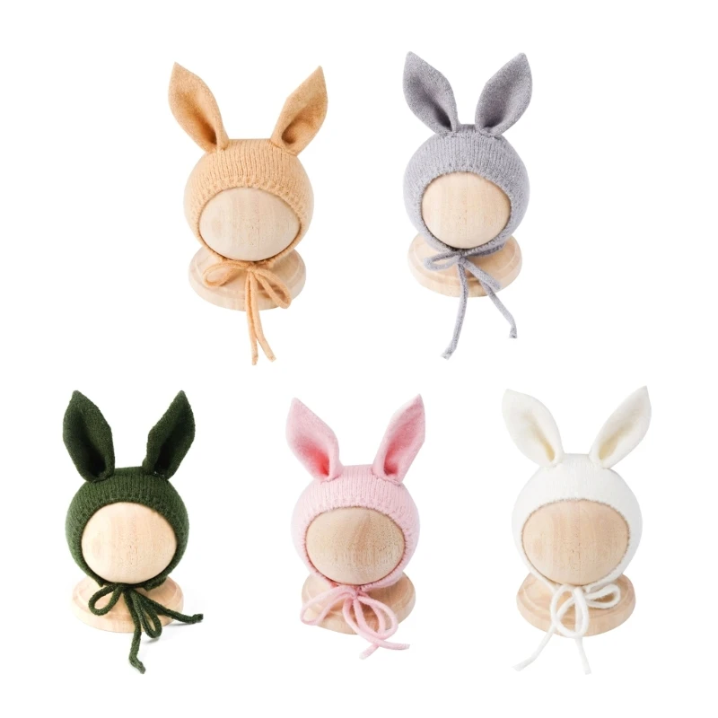 

Baby Photo Props Bunny Ear Hat for Newborn 0-1M Infant Hand-Crochet Long Ears Neck Strap Hat Newborns Photo Accessories