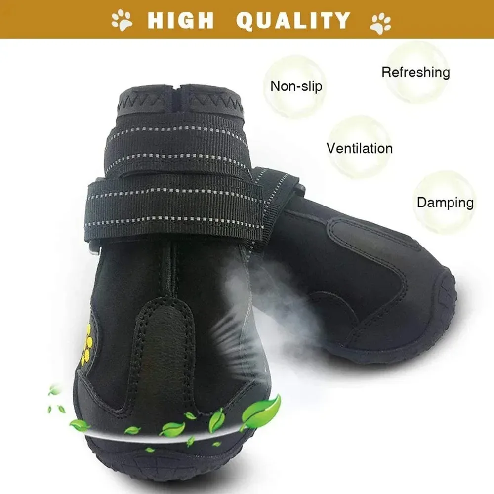 Dog Shoes | Waterproof Anti-Slip Rubber Dog Booties A product feature graphic showing a close-up of the dog shoes. Floating icons emphasize key benefits: "Non-slip," "Refreshing," "Ventilation," and "Damping," with a graphic effect illustrating air flowing through the breathable fabric.