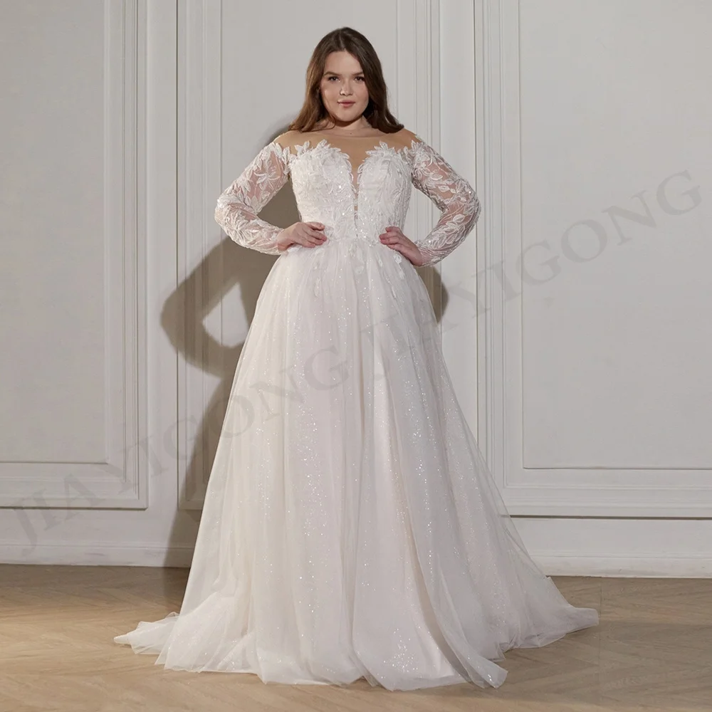 Champagne Wedding Dress Plus Size Illusion Long Sleeves Scoop Sequin Applique Glitter Tulle A Line Bridal Gown Bride Dresses
Champagne Wedding Dress Plus Size Illusion Long Sleeves Scoop Sequin Applique Glitter Tulle A Line Bridal Gown Bride Dresses