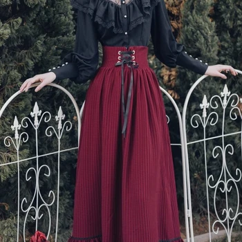 Conjunto Primavera-Outono: Elegância e Juventude no Estilo Coreano 8 Vintage Gothic Two Piece Dress Sets Women Black Lace Ruffle Blouse + Lace-up Midi Skirt 2023 Winter Court Retro Casual Suits Y2k