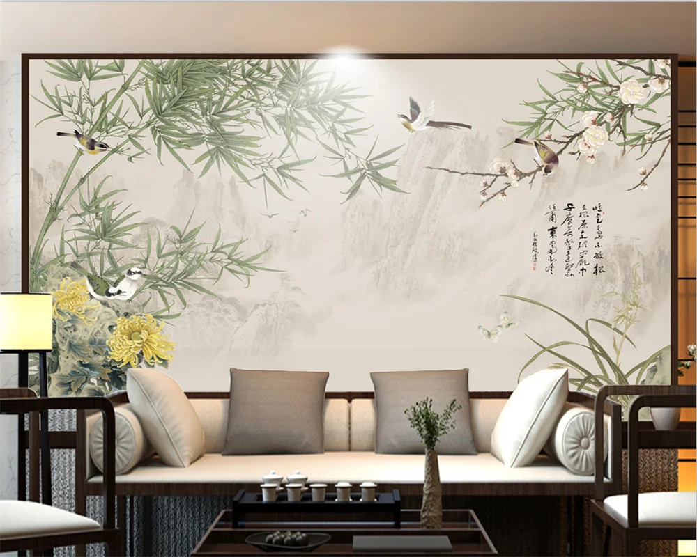 

beibehang Customized modern new Chinese style hand-painted flowers papier peint birds background decorative painting wallpaper