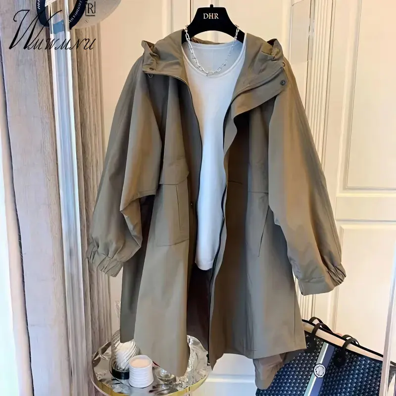 

Trend Loose Hooded Trench Coats Women Big Size 3xl Lined Casual Jacket Spring Mid Length Windbreaker Design Zipper Outerwear