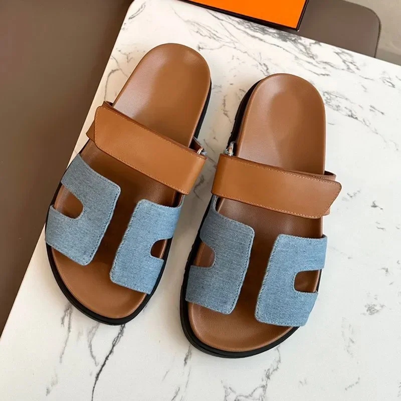 

Designer SandleS Chypre H Sandal Flat Man Slipper Womans SandaliaS Real Leather Denim SlideS Mens Unisex Summer Beach