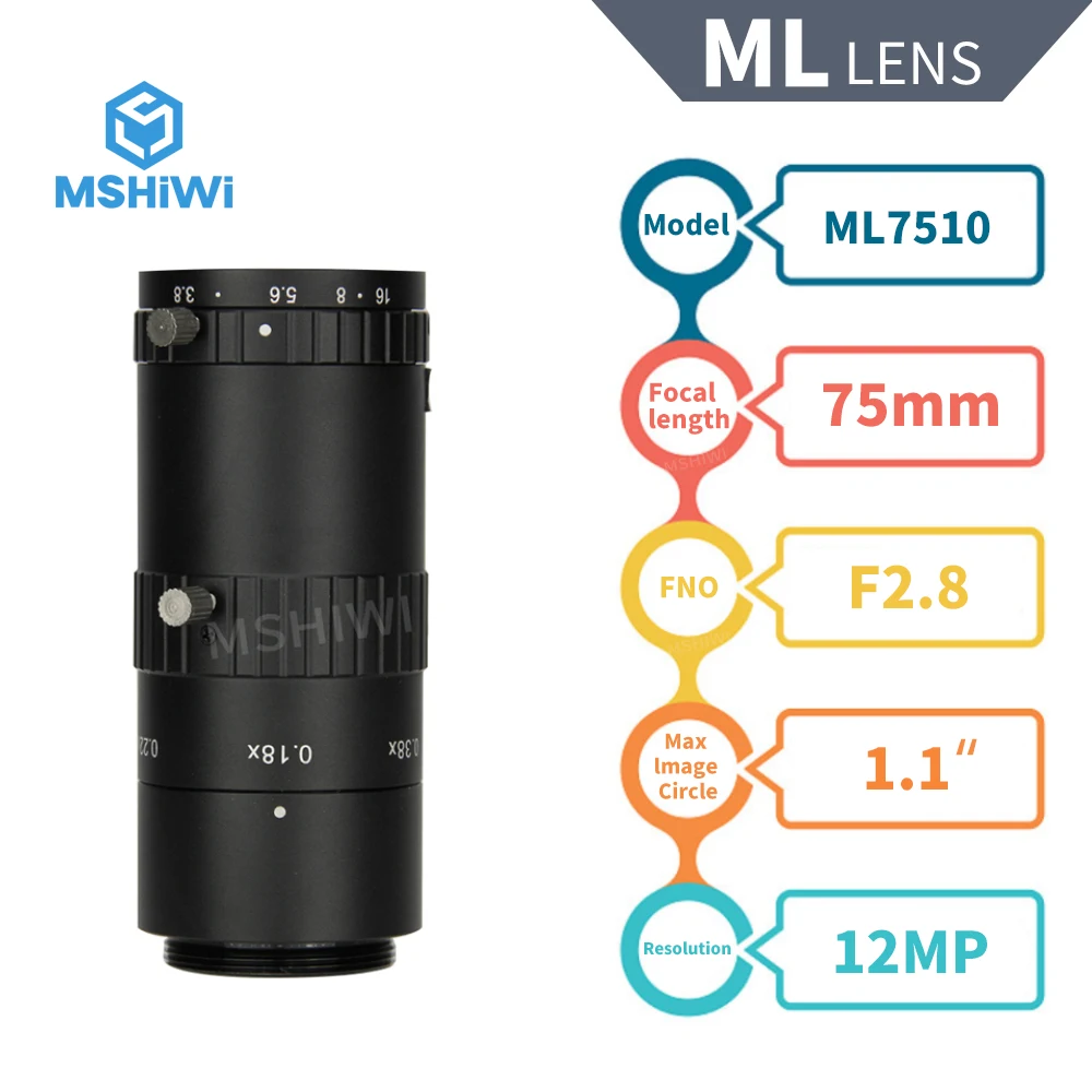 

12MP Fixed Length 75mm C Mount 1.1" Optical Format F2.8 Manual Iris Lens Machine Vision Lenses For Industrial Cameras Inspection