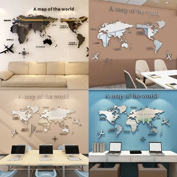 Modern 3D Acrylic Black Silver World Map Wall Stickers for Household Bedroom Decor Office Study Art Decals Wallpaper Backgroud