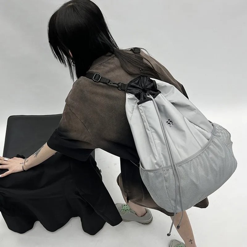

Женский рюкзак, серый нейлоновый легкий вместительный минималистичный сетчатый рюкзак, женский ремень на шнурке, школьная сумка с карманами Bolsa