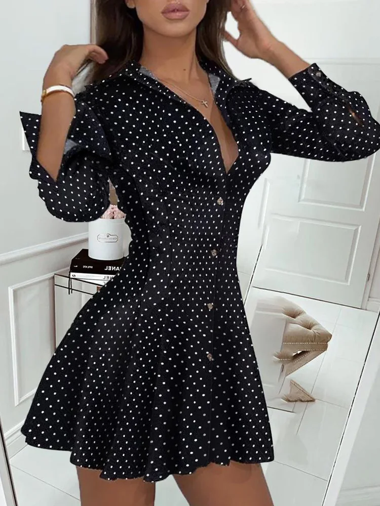 Dot Print Pleated Skater Dress Women Long Sleeve Turn Down Collar Elegant Mini Dress Ladies Casual Short Dress
Dot Print Pleated Skater Dress Women Long Sleeve Turn Down Collar Elegant Mini Dress Ladies Casual Short Dress
