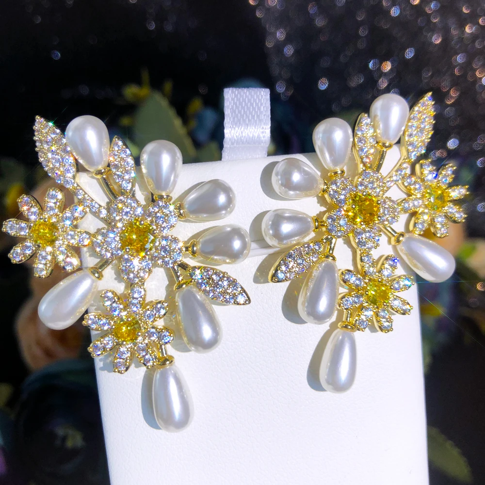 

Kellybola New Luxury Rhinestone Shiny Pearls Earrings for Women Bridal Drop Dangling Earrings Party Wedding Jewelry Gifts