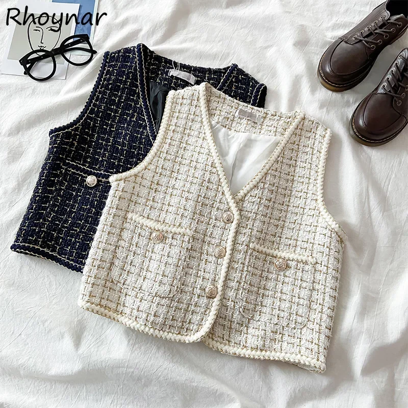 

Plaid Vests Women Leisure V-neck Tender All-match Pockets Autumn New Vintage Female Cozy Outwear Korean Style Trendy College Ins