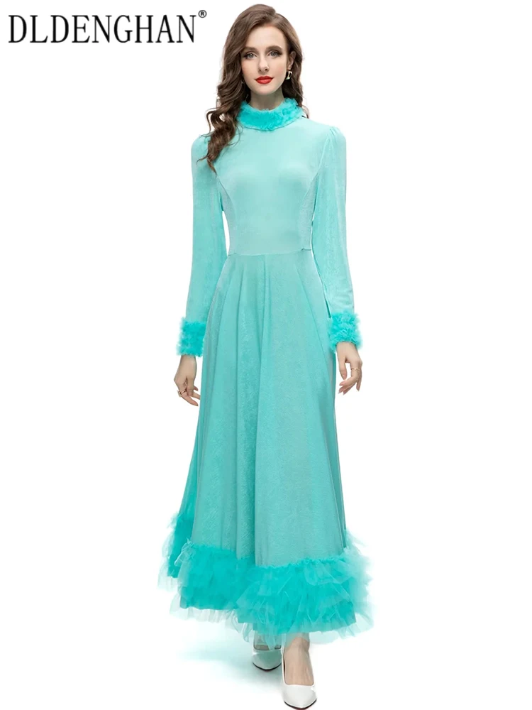DLDENGHAN Early Autumn Velvet Long Dress Women Stand Collar Long Sleeve Mesh Ruffle Elegant Party Dresses Fashion Designer New
DLDENGHAN Early Autumn Velvet Long Dress Women Stand Collar Long Sleeve Mesh Ruffle Elegant Party Dresses Fashion Designer New