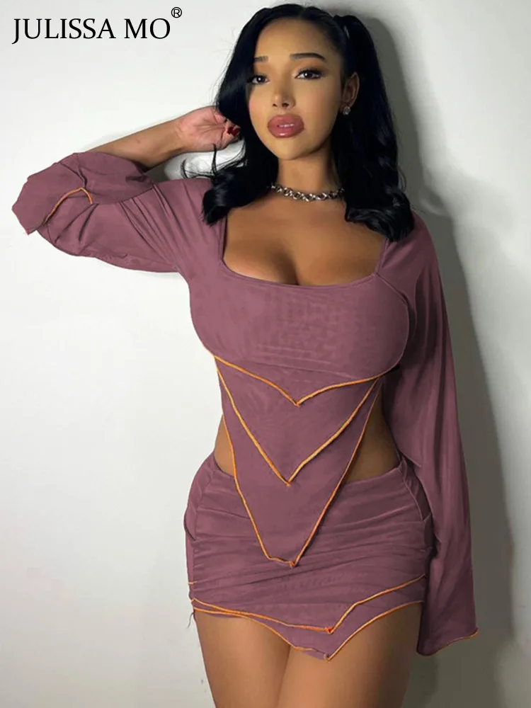 

JULISSA MO Tiered Longsleeve Off Shoulder Crop Tops And Mini Skirt Set For Women 2023 Summer Two Piece Set Ladies Outfits