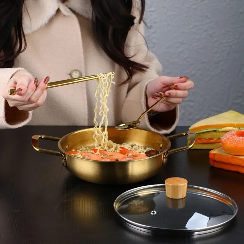 

Stainless Steel Instant Noodle Pot Korean Internet Celebrity Ramen Pot Small Saucepan Instant Noodles Soup Pot Yellow Pot