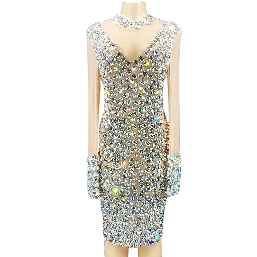 Nude Shining Rhinestones Crystal Long Sleeves Sexy Dress For Women Evening Party Clothing Stage Singer Costumes Prom Wear
Nude Shining Rhinestones Crystal Long Sleeves Sexy Dress For Women Evening Party Clothing Stage Singer Costumes Prom Wear