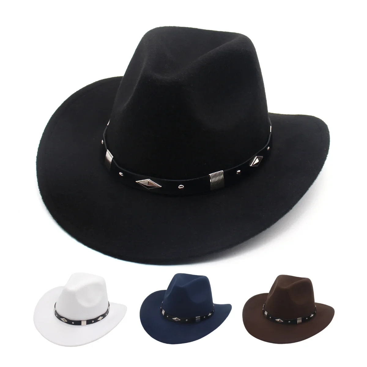 

Retro Western Belt Male Cowboy Hat Winter Autumn Cowgirl Country Hats Vintage Jazz Men's Black Felt Hats Knight Hats For Women