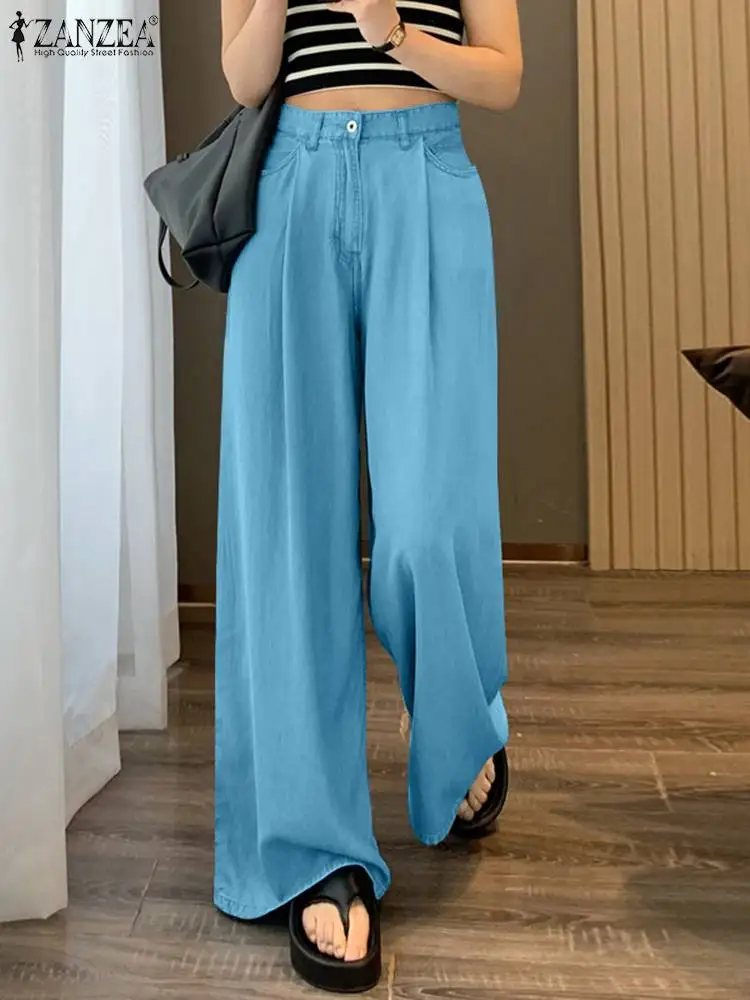 

Модные длинные брюки с завышенной талией ZANZEA, женские джинсы с широкими штанинами 2024, Летние Плиссированные Брюки с карманами, повседневные свободные джинсовые брюки для женщин